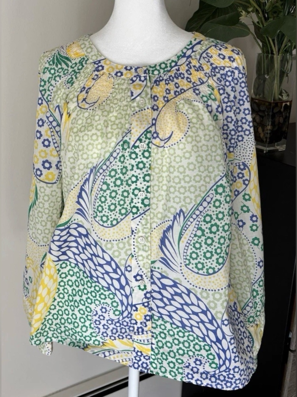Talbots Printed Button-Front Blouse in Green, Blue & Yellow